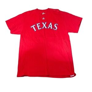 Majestic Texas Rangers #17 Cruz front/back text  red T-Shirt. Large (Flawed)